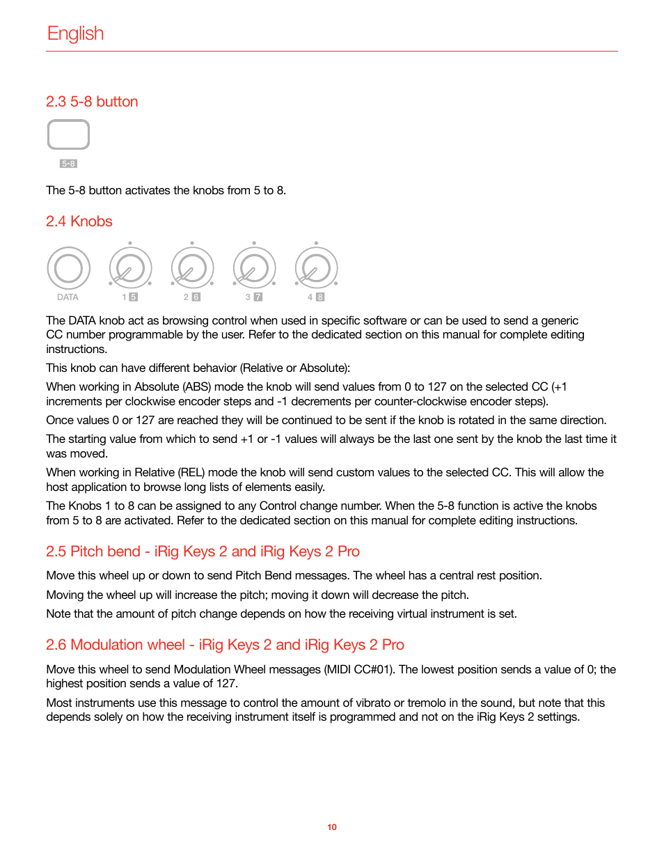 3 5-8 button, 4 knobs, 5 pitch bend - irig keys 2 and irig keys 2 pro | English | IK Multimedia iRig Keys 2 Mini 25-Mini-Key USB MIDI Keyboard Controller User Manual | Page 11 / 62