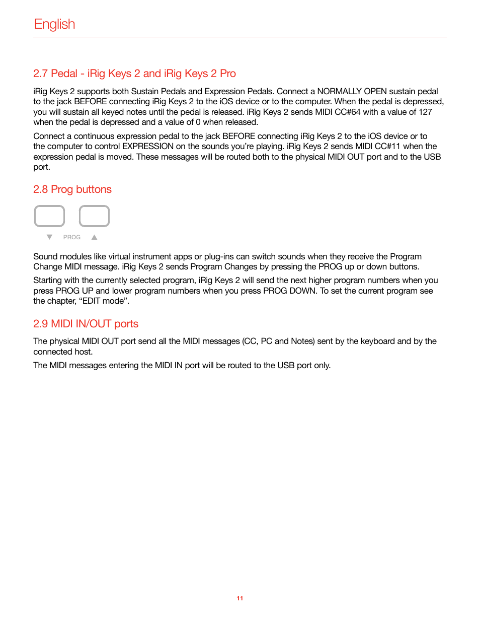 7 pedal - irig keys 2 and irig keys 2 pro, 8 prog buttons, 9 midi in/out ports | English | IK Multimedia iRig Keys 2 Mini 25-Mini-Key USB MIDI Keyboard Controller User Manual | Page 12 / 62