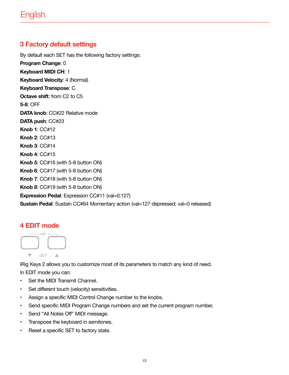 3 factory default settings, 4 edit mode, English | IK Multimedia iRig Keys 2 Mini 25-Mini-Key USB MIDI Keyboard Controller User Manual | Page 13 / 62
