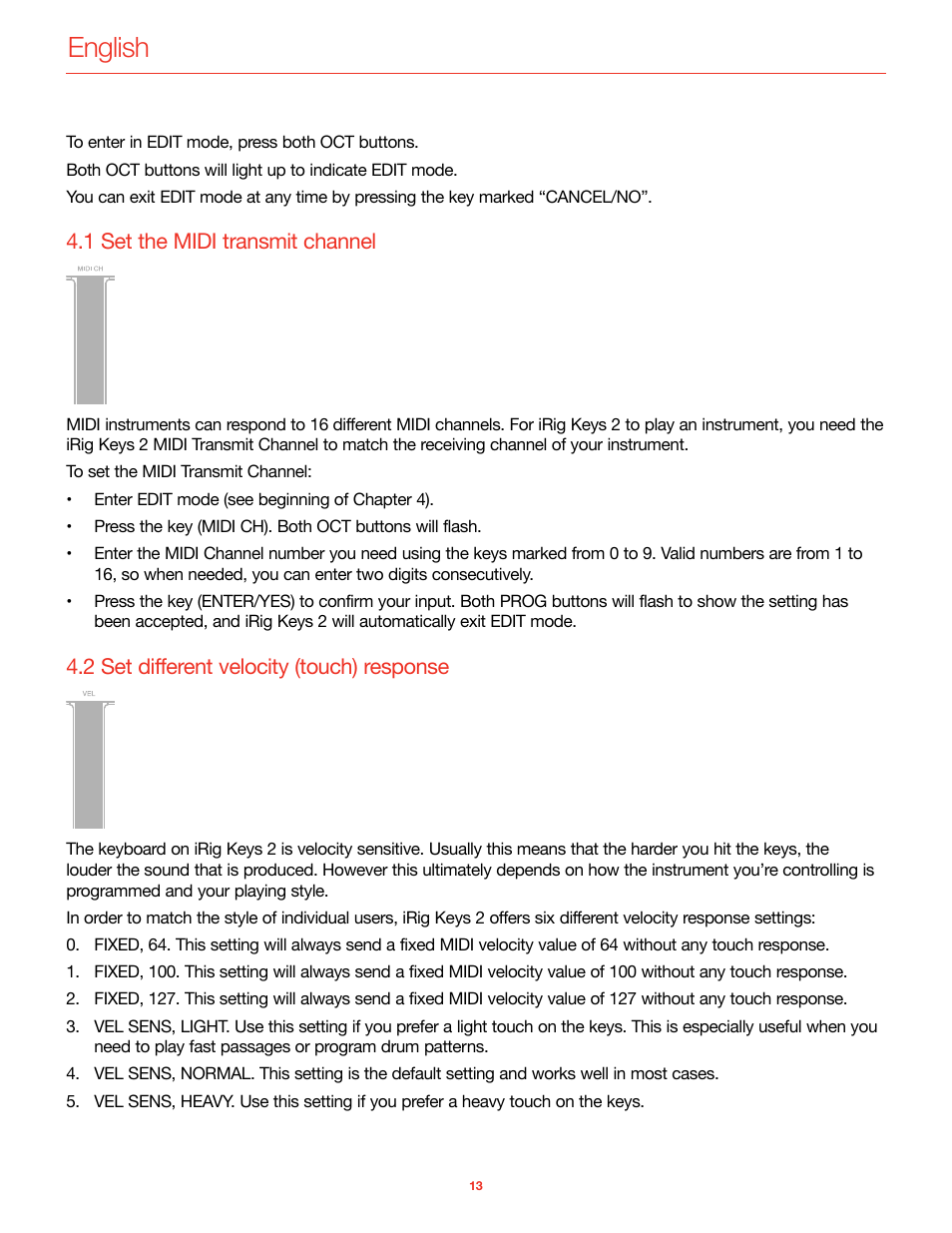 1 set the midi transmit channel, 2 set different velocity (touch) response, English | IK Multimedia iRig Keys 2 Mini 25-Mini-Key USB MIDI Keyboard Controller User Manual | Page 14 / 62