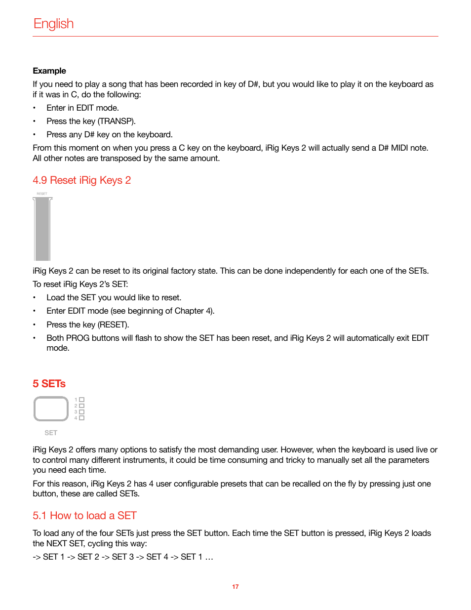 9 reset irig keys 2, 5 sets, 1 how to load a set | English | IK Multimedia iRig Keys 2 Mini 25-Mini-Key USB MIDI Keyboard Controller User Manual | Page 18 / 62