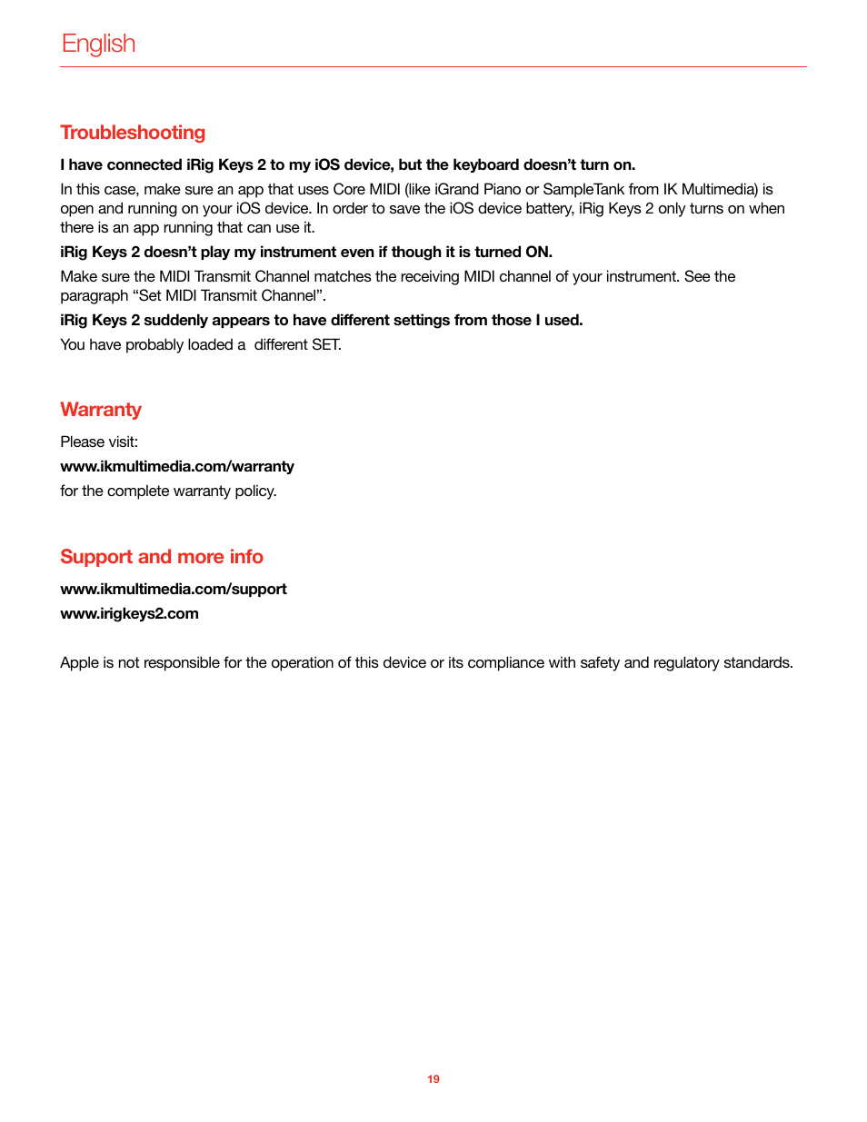 Troubleshooting, Warranty, Support and more info | English | IK Multimedia iRig Keys 2 Mini 25-Mini-Key USB MIDI Keyboard Controller User Manual | Page 20 / 62