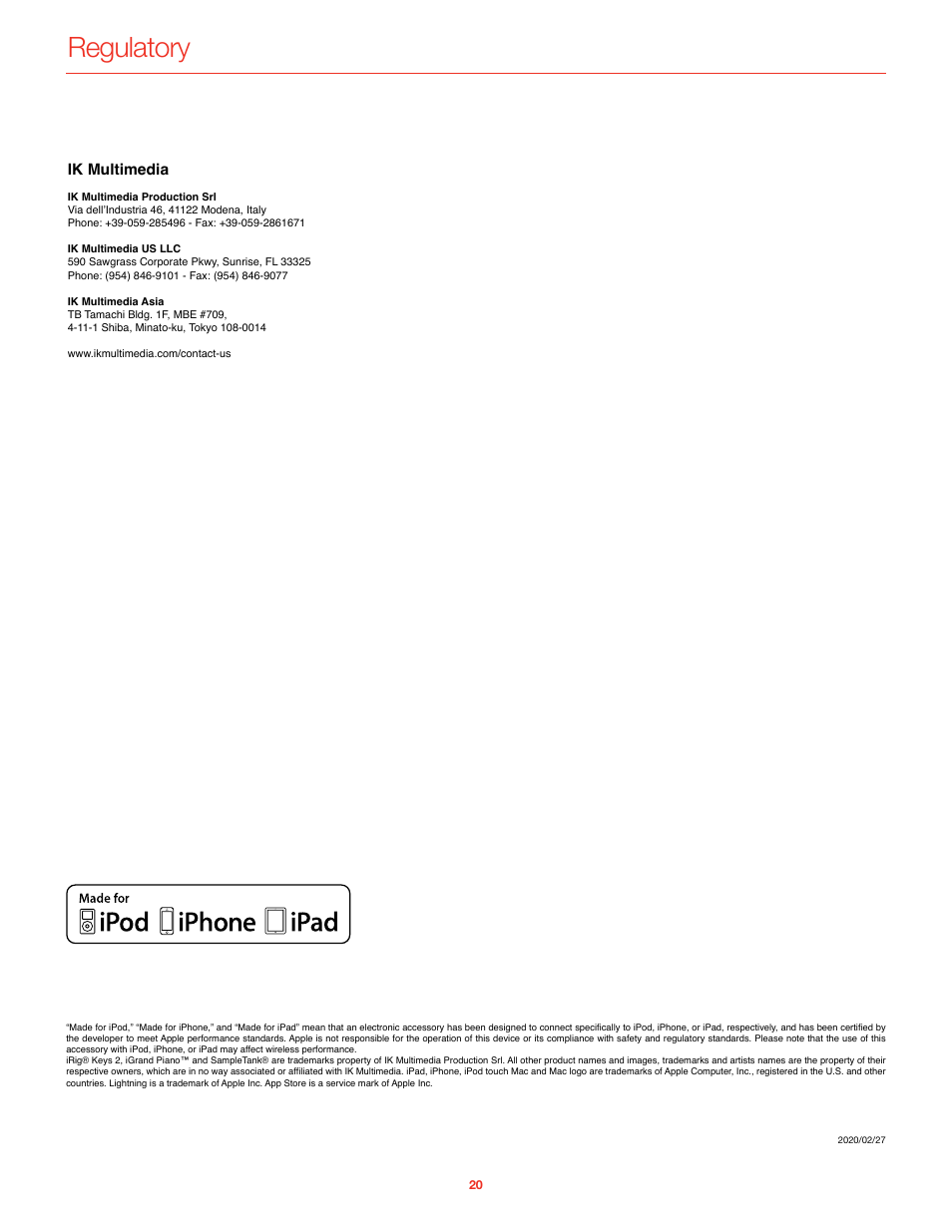 Regulatory, Ik multimedia | IK Multimedia iRig Keys 2 Mini 25-Mini-Key USB MIDI Keyboard Controller User Manual | Page 21 / 62