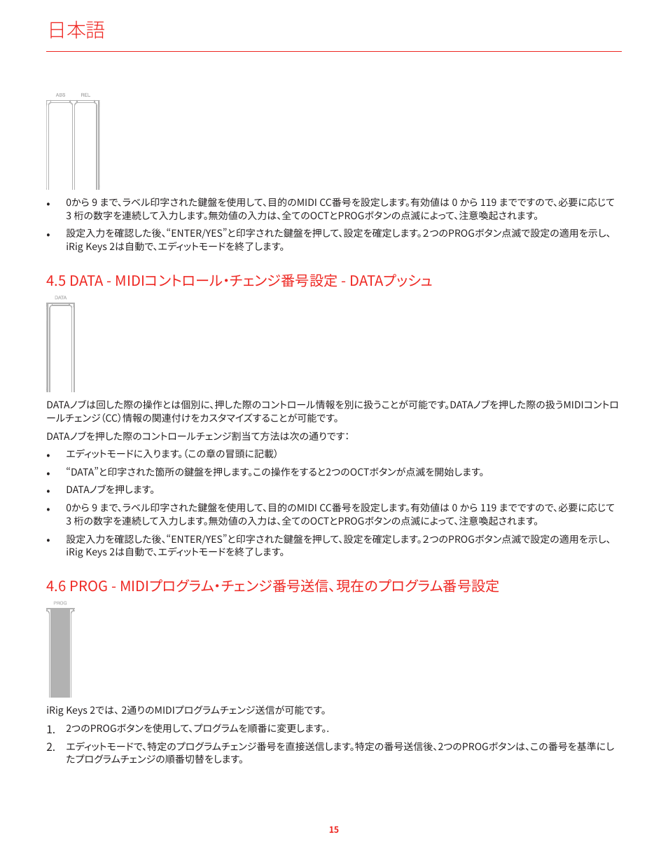5 data - midiコントロール・チェンジ番号設定 - dataプッシュ, 6 prog - midiプログラム・チェンジ番号送信、現在のプログラム番号設定, 5data-midiコントロールチェンジ（cc）番号設定-dataプッシュ | 6prog-midiプログラムチェンジ番号送信、現在のプログラム番号設定, 5data-midiコントロール・チェンジ番号設定-dataプッシュ, 6prog-midiプログラム・チェンジ番号送信、現在のプログラム番号設定 | IK Multimedia iRig Keys 2 Mini 25-Mini-Key USB MIDI Keyboard Controller User Manual | Page 36 / 62