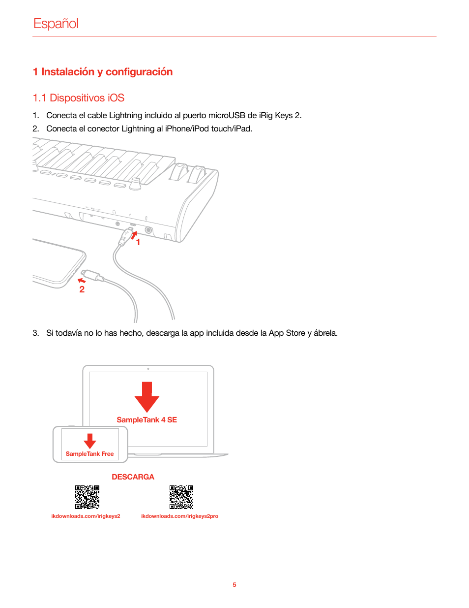 1 instalación y configuración, 1 dispositivos ios, Español | 1 instalación y configuración 1.1 dispositivos ios | IK Multimedia iRig Keys 2 Mini 25-Mini-Key USB MIDI Keyboard Controller User Manual | Page 46 / 62