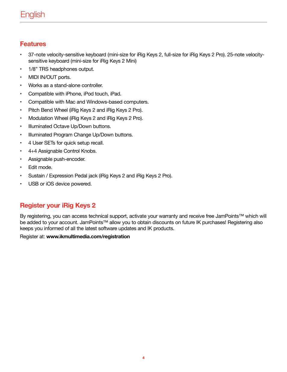 Features, Register your irig keys 2, English | IK Multimedia iRig Keys 2 Mini 25-Mini-Key USB MIDI Keyboard Controller User Manual | Page 5 / 62