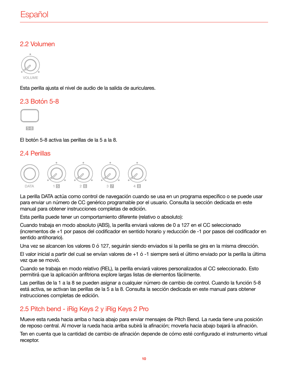 2 volumen, 3 botón 5-8, 4 perillas | 5 pitch bend - irig keys 2 y irig keys 2 pro, Español | IK Multimedia iRig Keys 2 Mini 25-Mini-Key USB MIDI Keyboard Controller User Manual | Page 51 / 62