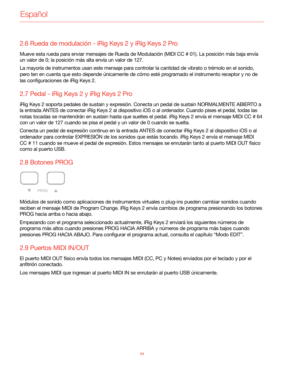 7 pedal - irig keys 2 y irig keys 2 pro, 8 botones prog, 9 puertos midi in/out | Español | IK Multimedia iRig Keys 2 Mini 25-Mini-Key USB MIDI Keyboard Controller User Manual | Page 52 / 62
