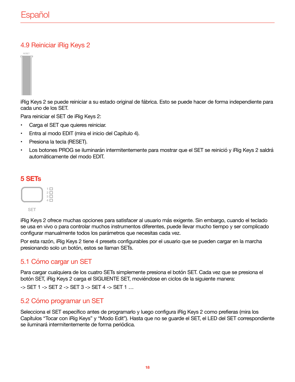 9 reiniciar irig keys 2, 5 sets, 1 cómo cargar un set | 2 cómo programar un set, Español | IK Multimedia iRig Keys 2 Mini 25-Mini-Key USB MIDI Keyboard Controller User Manual | Page 59 / 62
