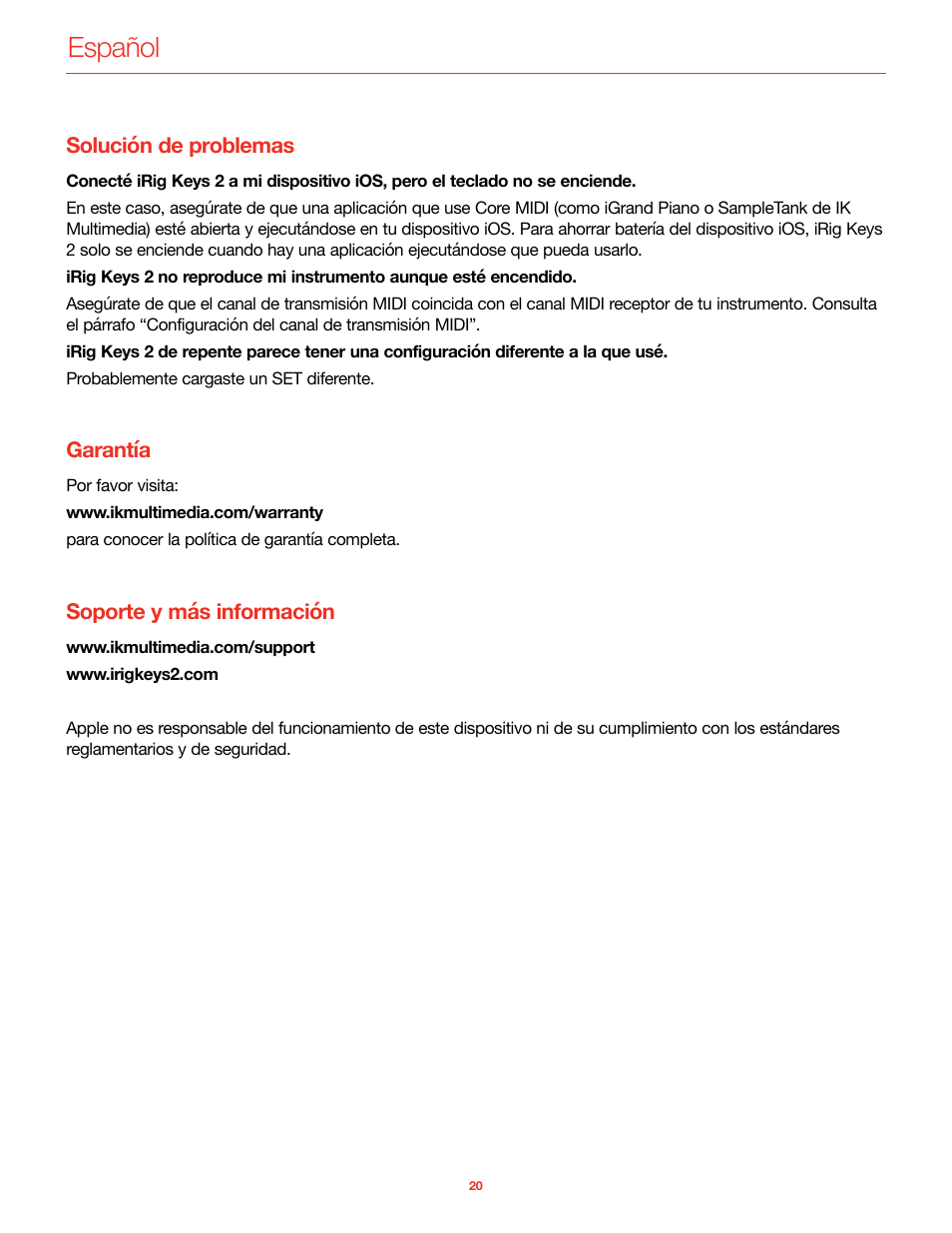 Solución de problemas, Garantía, Soporte y más información | Español | IK Multimedia iRig Keys 2 Mini 25-Mini-Key USB MIDI Keyboard Controller User Manual | Page 61 / 62