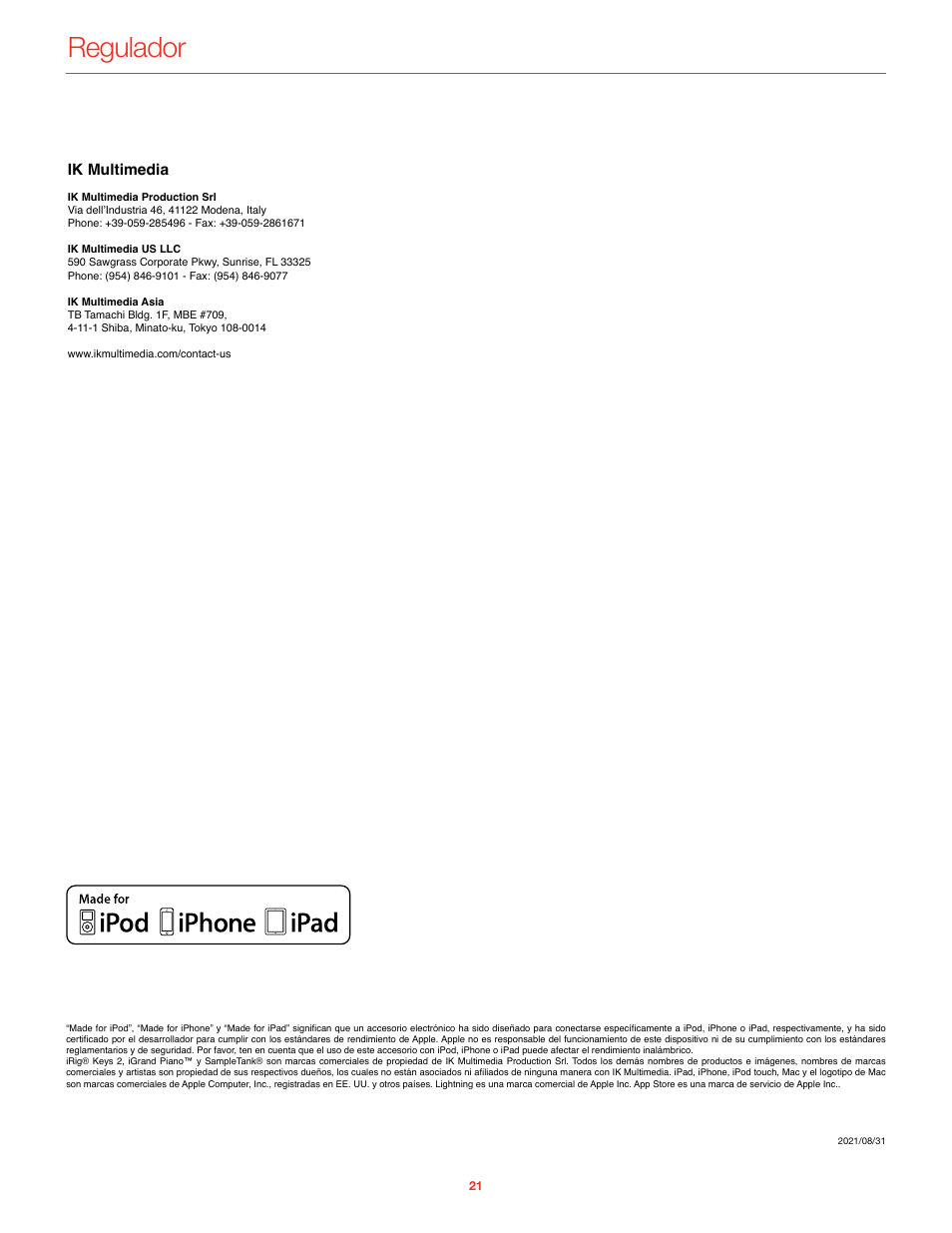 Regulador, Ik multimedia | IK Multimedia iRig Keys 2 Mini 25-Mini-Key USB MIDI Keyboard Controller User Manual | Page 62 / 62