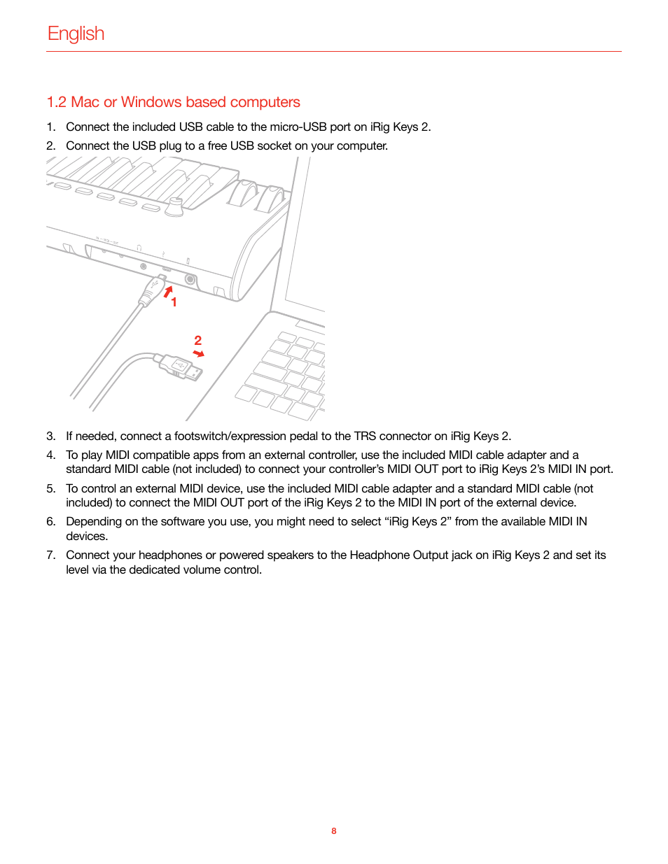 2 mac or windows based computers, English | IK Multimedia iRig Keys 2 Mini 25-Mini-Key USB MIDI Keyboard Controller User Manual | Page 9 / 62