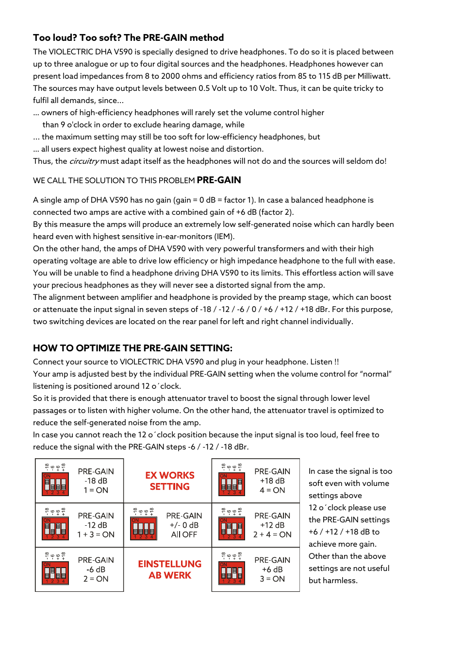 Too loud? too soft? the pre-gain method, Pre-gain, How to optimize the pre-gain setting | Violectric DHA V590² Pro Headphone Amplifier, Preamp, and DAC User Manual | Page 18 / 66