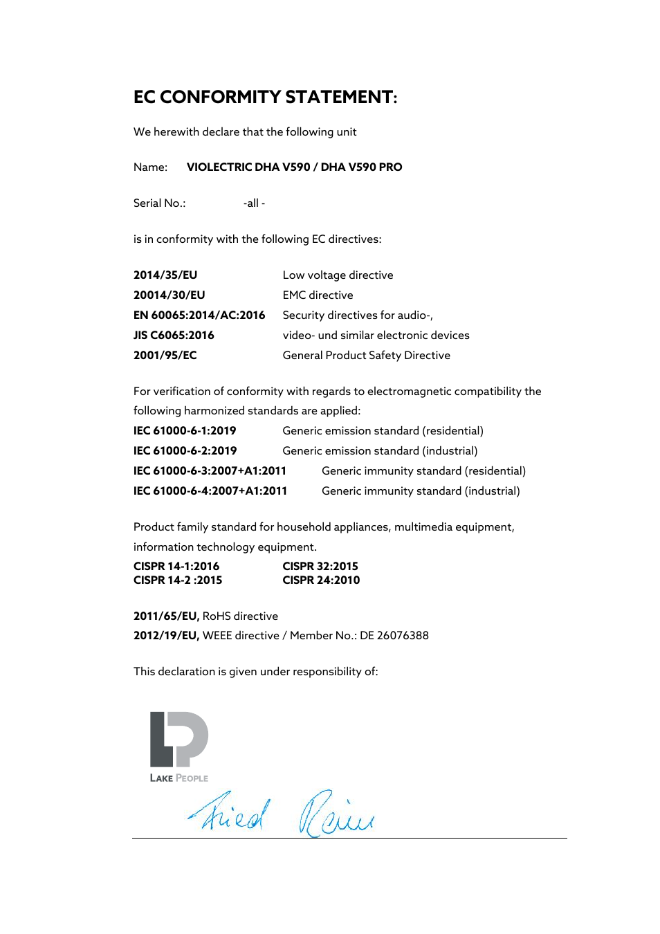 Ec conformity statement | Violectric DHA V590² Pro Headphone Amplifier, Preamp, and DAC User Manual | Page 32 / 66