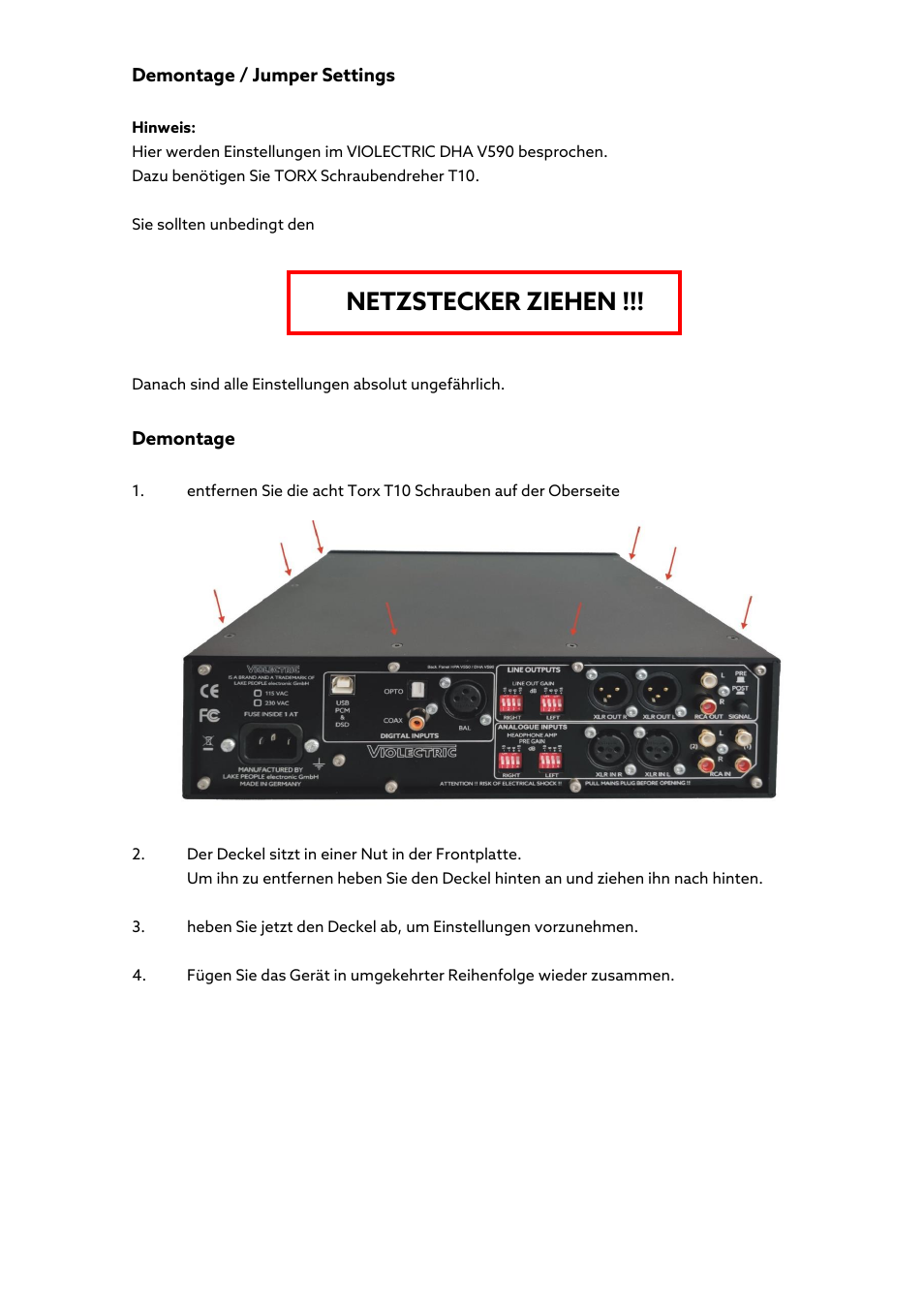 Netzstecker ziehen | Violectric DHA V590² Pro Headphone Amplifier, Preamp, and DAC User Manual | Page 63 / 66