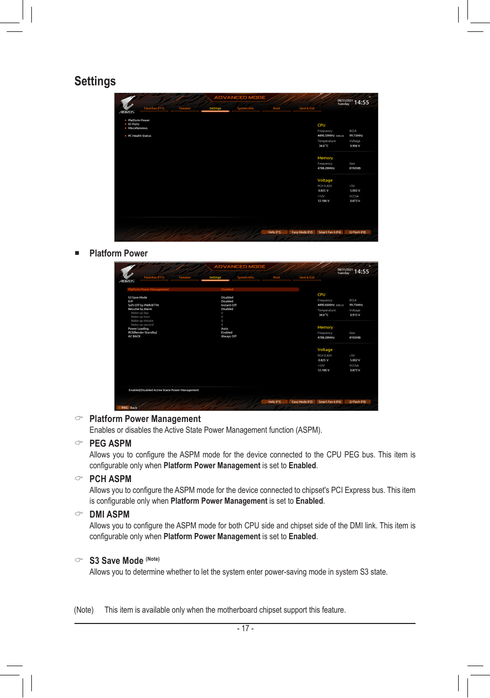 Settings | GIGABYTE Z690 AORUS ELITE AX DDR5 LGA 1700 ATX Motherboard User Manual | Page 17 / 29