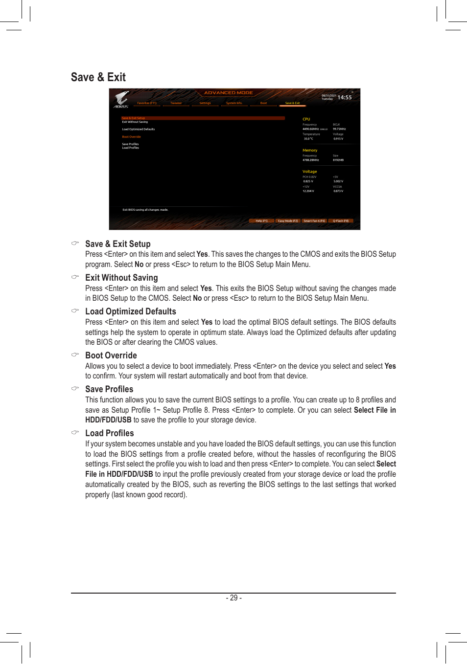 Save & exit | GIGABYTE Z690 AORUS ELITE AX DDR5 LGA 1700 ATX Motherboard User Manual | Page 29 / 29