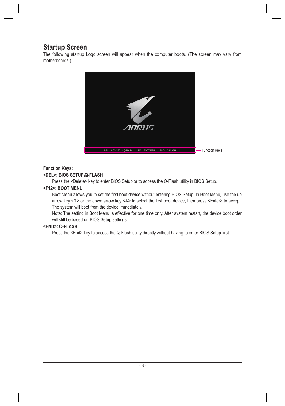 Startup screen | GIGABYTE Z690 AORUS ELITE AX DDR5 LGA 1700 ATX Motherboard User Manual | Page 3 / 29