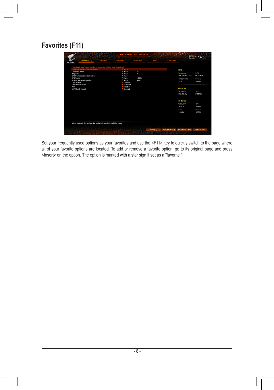 Favorites (f11) | GIGABYTE Z690 AORUS ELITE AX DDR5 LGA 1700 ATX Motherboard User Manual | Page 8 / 29