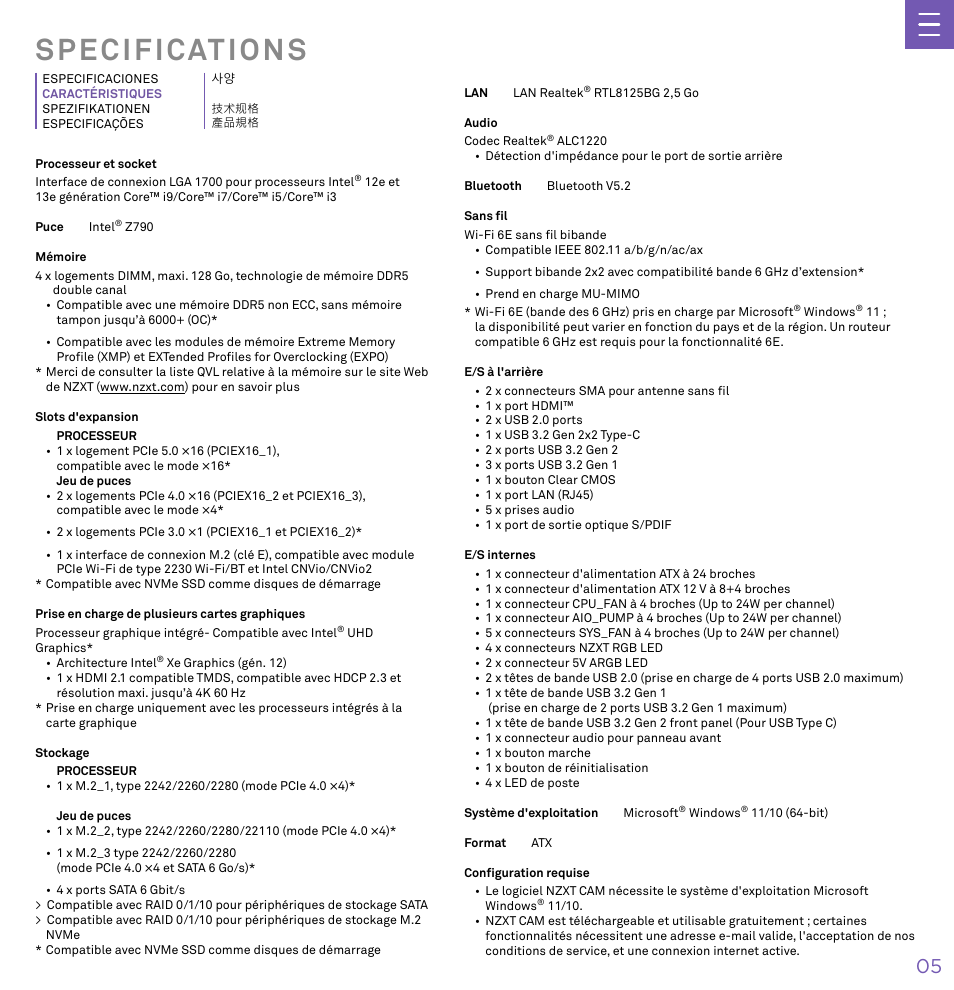 Specifications | NZXT N7 Z790 ATX LGA 1700 Gaming Motherboard (Black) User Manual | Page 10 / 63