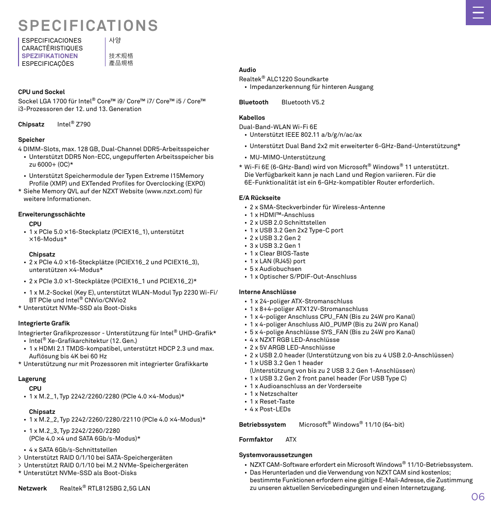 Specifications | NZXT N7 Z790 ATX LGA 1700 Gaming Motherboard (Black) User Manual | Page 11 / 63