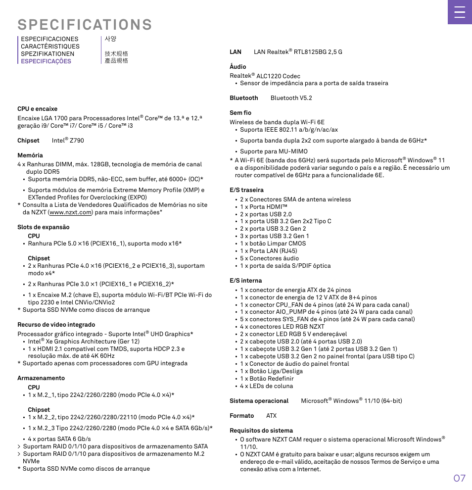 Specifications | NZXT N7 Z790 ATX LGA 1700 Gaming Motherboard (Black) User Manual | Page 12 / 63