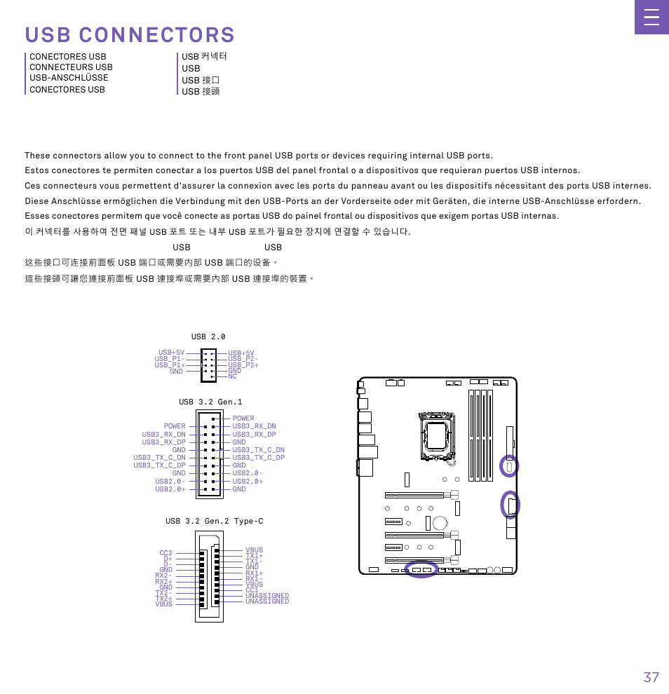 U s b c o n n e c t o r s, Usb connectors | NZXT N7 Z790 ATX LGA 1700 Gaming Motherboard (Black) User Manual | Page 42 / 63