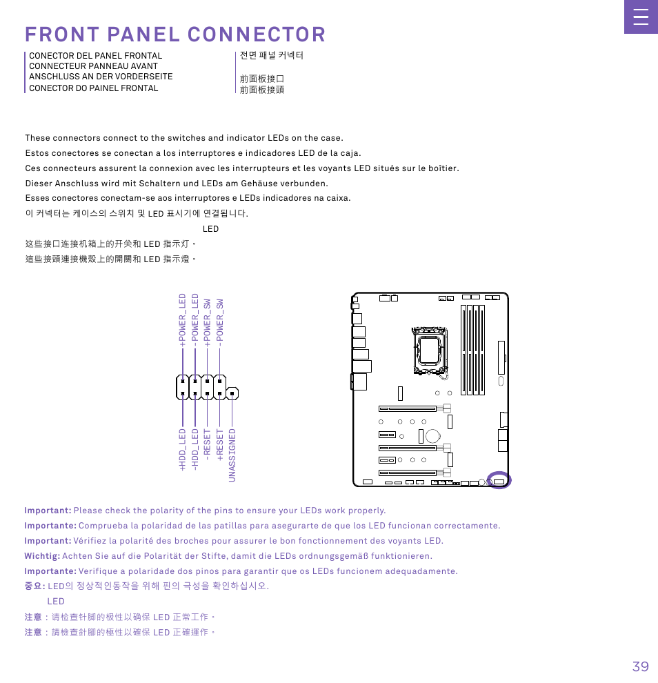 F r o n t p a n e l c o n n e c t o r, Front panel connector | NZXT N7 Z790 ATX LGA 1700 Gaming Motherboard (Black) User Manual | Page 44 / 63
