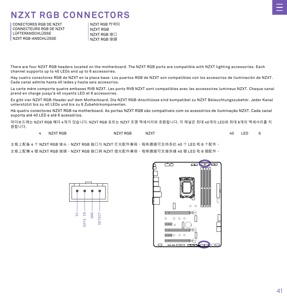 N z x t r g b c o n n e c t o r s, Nzxt rgb connectors | NZXT N7 Z790 ATX LGA 1700 Gaming Motherboard (Black) User Manual | Page 46 / 63