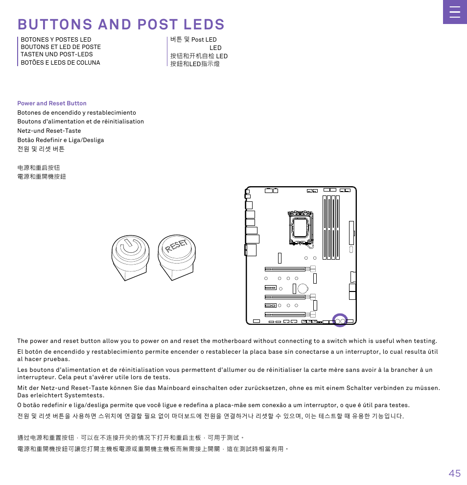 B u t t o n s a n d p o s t l e d s, Buttons and post leds | NZXT N7 Z790 ATX LGA 1700 Gaming Motherboard (Black) User Manual | Page 50 / 63