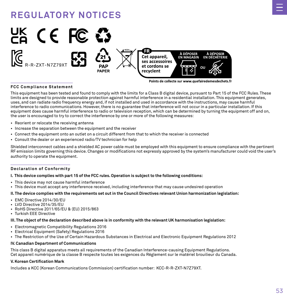 R e g u l a t o r y n o t i c e s, Regulatory notices | NZXT N7 Z790 ATX LGA 1700 Gaming Motherboard (Black) User Manual | Page 58 / 63