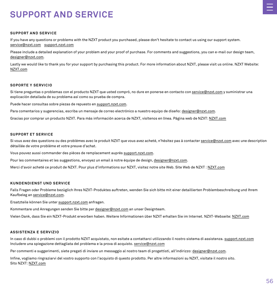 S u p p o r t a n d s e r v i c e, Support and service | NZXT N7 Z790 ATX LGA 1700 Gaming Motherboard (Black) User Manual | Page 61 / 63