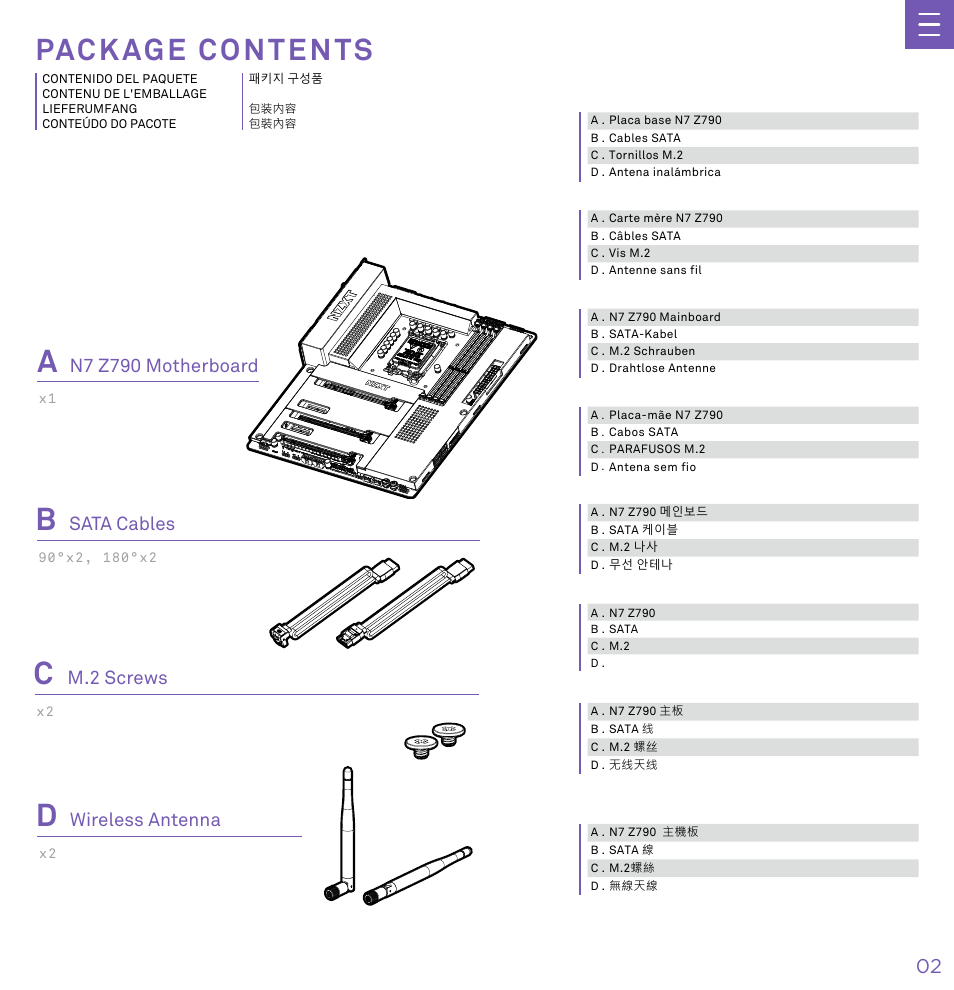 P a c k a g e c o n t e n t s, Package contents, N7 z790 motherboard | Wireless antenna, Sata cables, M.2 screws | NZXT N7 Z790 ATX LGA 1700 Gaming Motherboard (Black) User Manual | Page 7 / 63