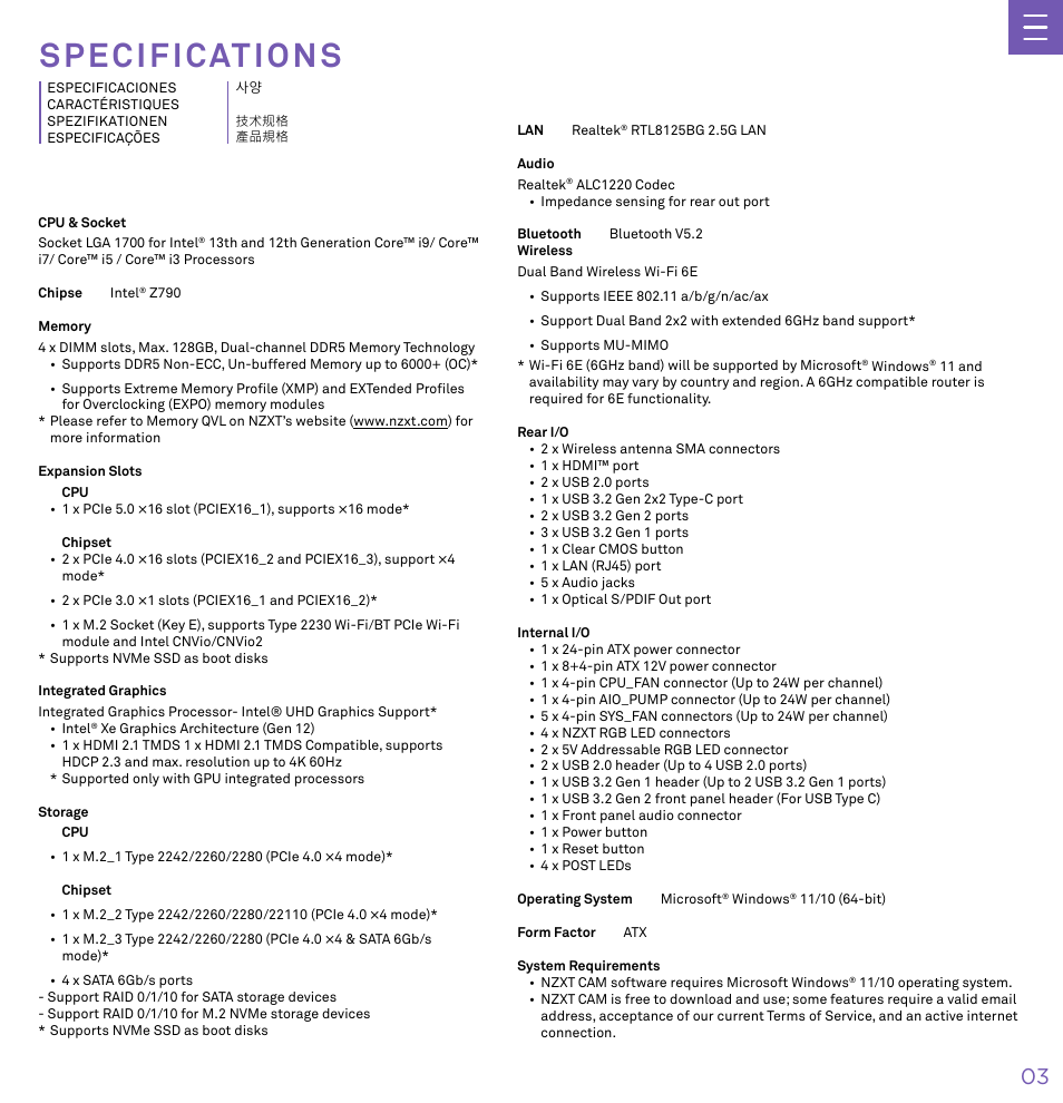 Specifications | NZXT N7 Z790 ATX LGA 1700 Gaming Motherboard (Black) User Manual | Page 8 / 63