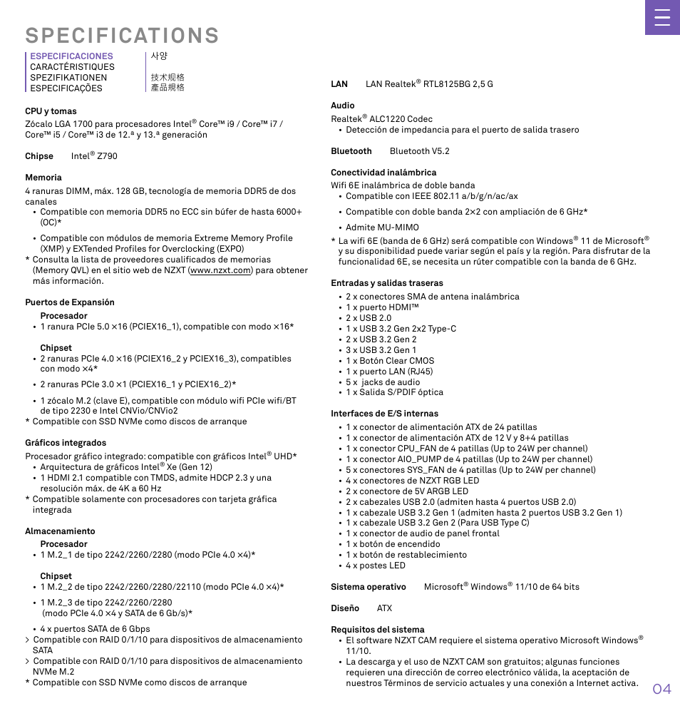 Specifications | NZXT N7 Z790 ATX LGA 1700 Gaming Motherboard (Black) User Manual | Page 9 / 63