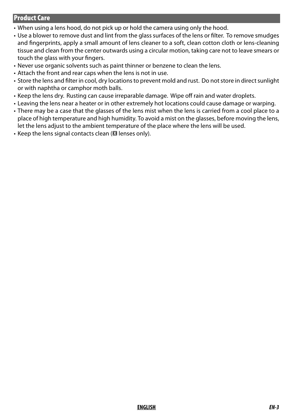 Product care | FujiFilm MKX18-55mm T2.9 Lens (Fuji X-Mount) User Manual | Page 13 / 68