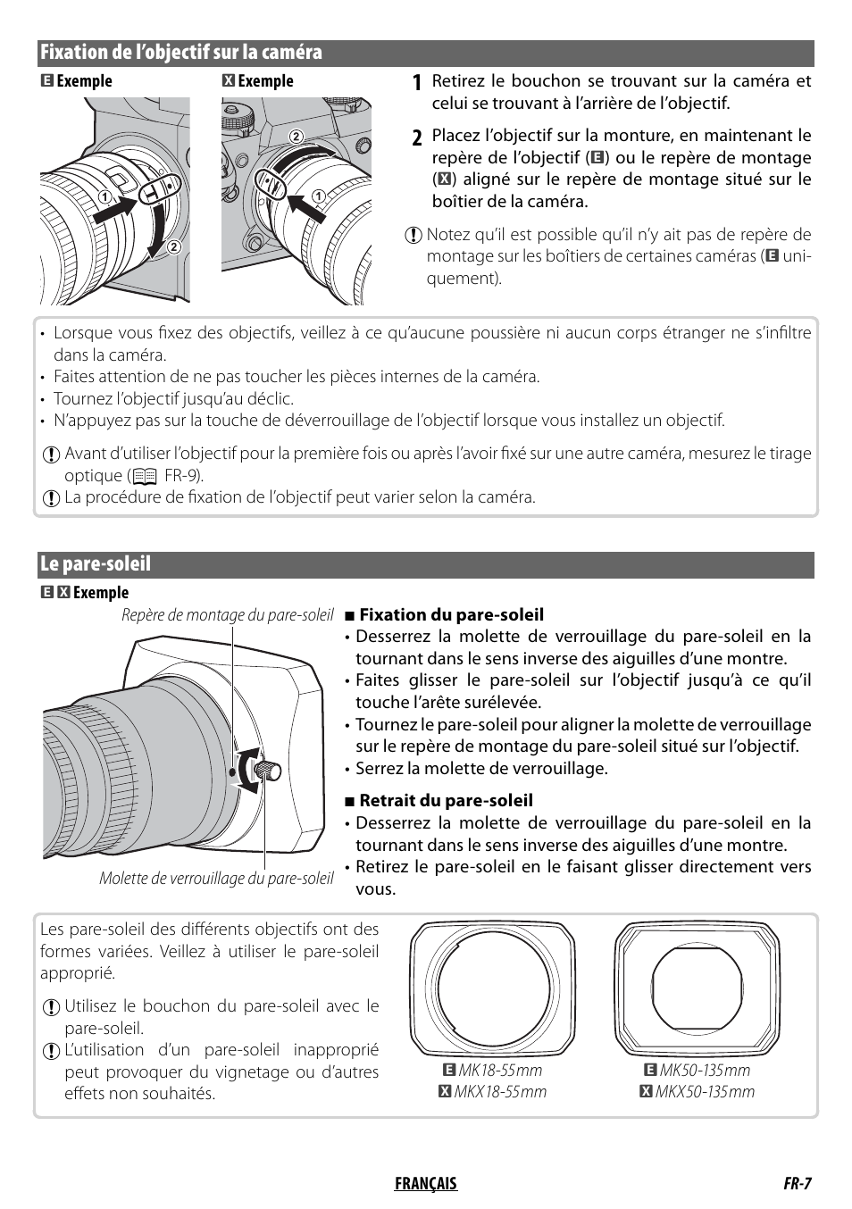 Fixation de l’objectif sur la caméra, Le pare-soleil | FujiFilm MKX18-55mm T2.9 Lens (Fuji X-Mount) User Manual | Page 27 / 68