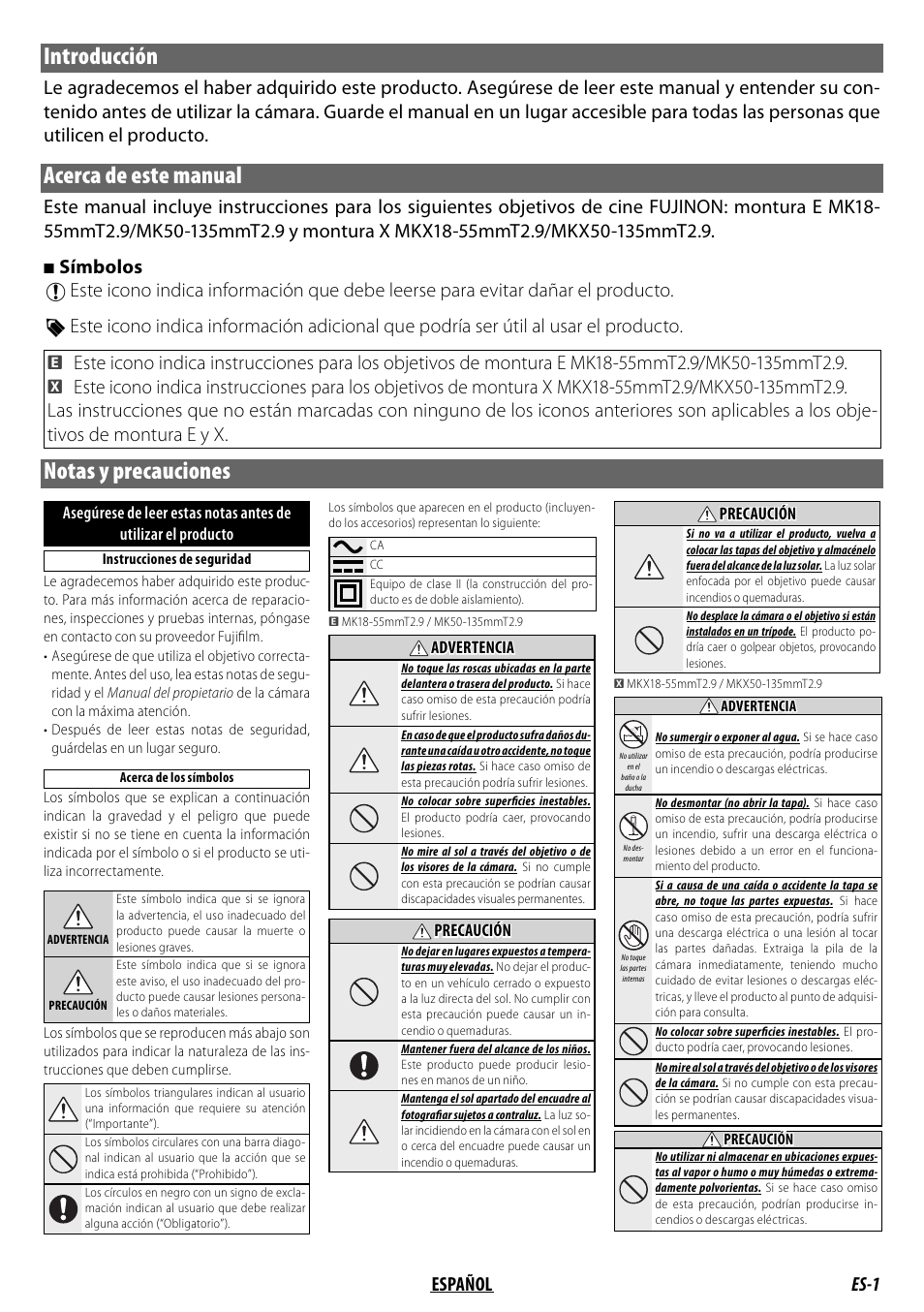 Notas y precauciones, Introducción, Acerca de este manual | Es-1 español, Símbolos | FujiFilm MKX18-55mm T2.9 Lens (Fuji X-Mount) User Manual | Page 41 / 68