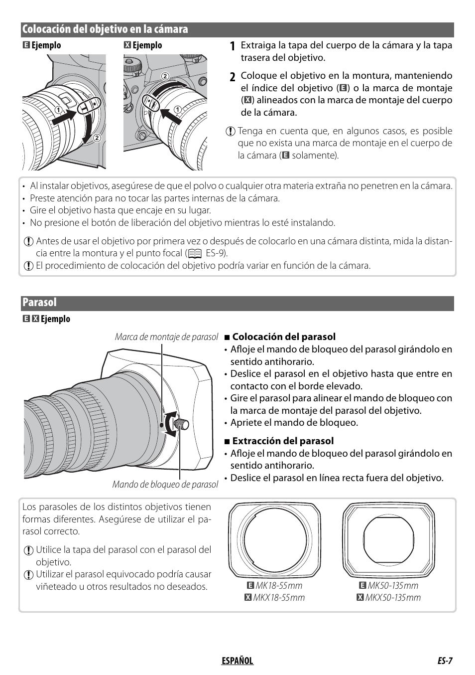 Colocación del objetivo en la cámara, Parasol | FujiFilm MKX18-55mm T2.9 Lens (Fuji X-Mount) User Manual | Page 47 / 68