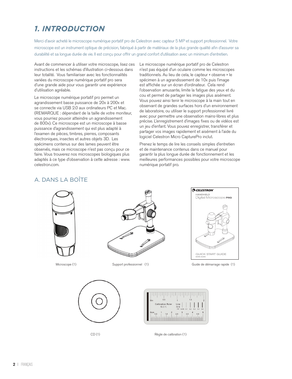 Introduction, A. dans la boîte | Celestron Handheld Digital Microscope Pro (Gray) User Manual | Page 15 / 65