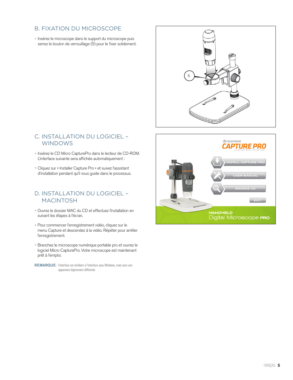 C. installation du logiciel – windows, D. installation du logiciel – macintosh, B. fixation du microscope | Celestron Handheld Digital Microscope Pro (Gray) User Manual | Page 18 / 65