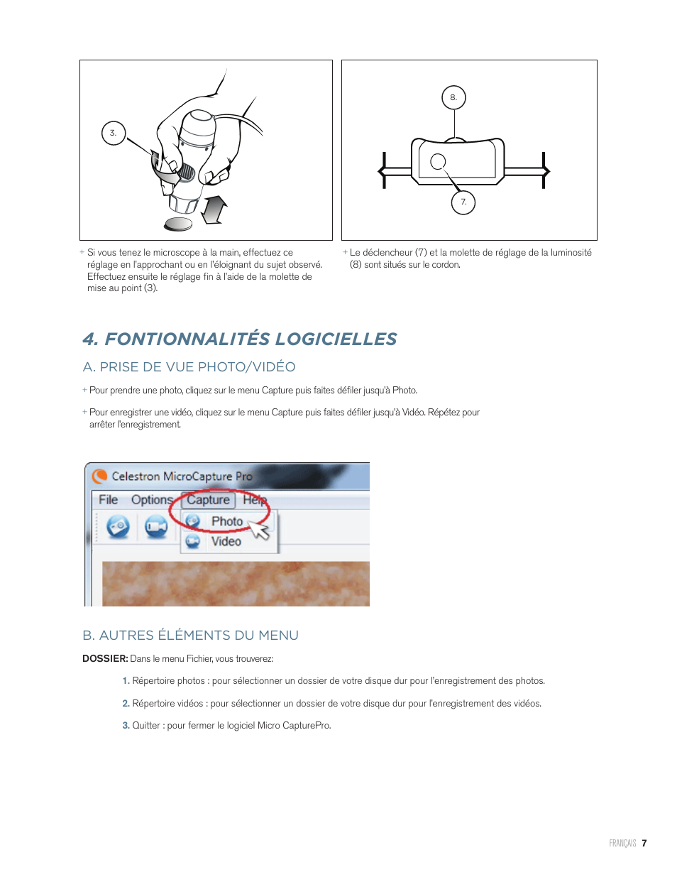 Fontionnalités logicielles, A. prise de vue photo/vidéo, B. autres éléments du menu | Celestron Handheld Digital Microscope Pro (Gray) User Manual | Page 20 / 65