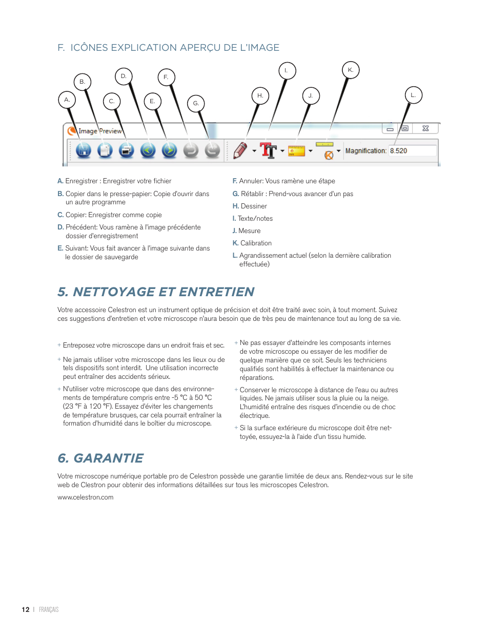 Nettoyage et entretien, Garantie, F. icônes explication aperçu de l’image | Celestron Handheld Digital Microscope Pro (Gray) User Manual | Page 25 / 65