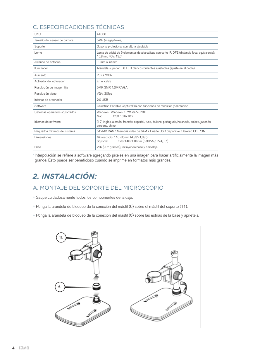 Instalación, C. especificaciones técnicas, A. montaje del soporte del microscopio | Celestron Handheld Digital Microscope Pro (Gray) User Manual | Page 30 / 65