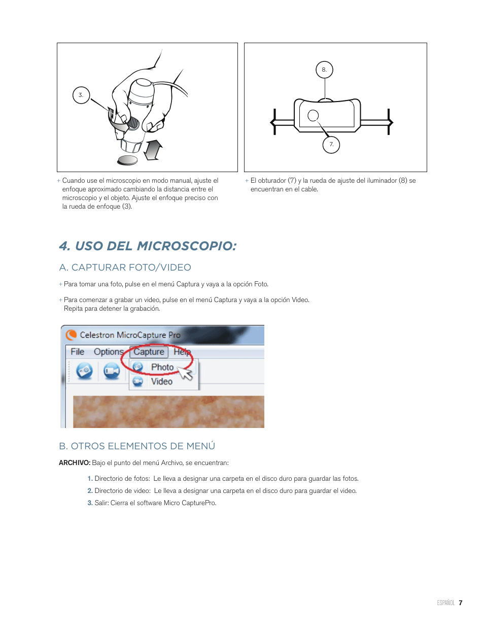 Uso del microscopio, A. capturar foto/video, B. otros elementos de menú | Celestron Handheld Digital Microscope Pro (Gray) User Manual | Page 33 / 65