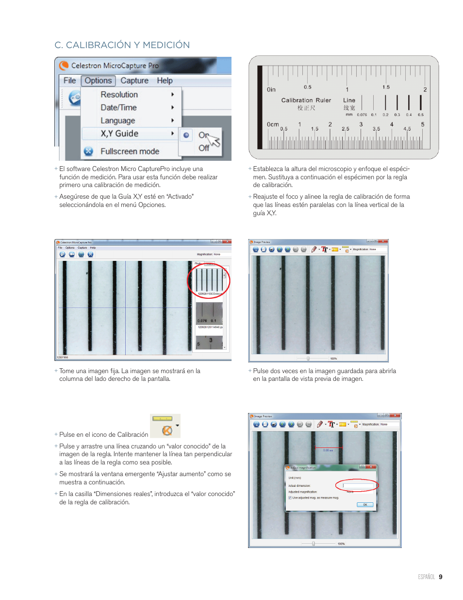 C. calibración y medición | Celestron Handheld Digital Microscope Pro (Gray) User Manual | Page 35 / 65