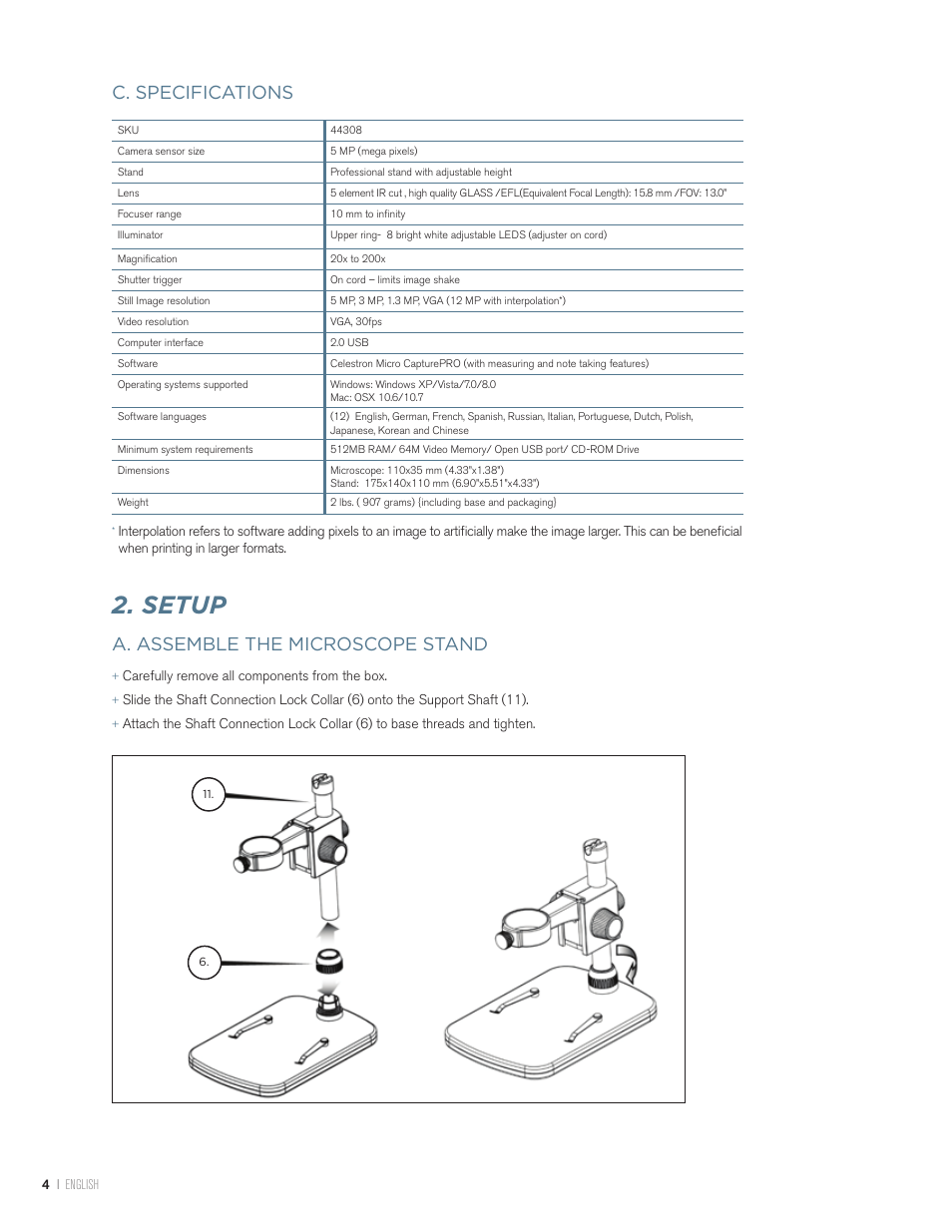 Setup, C. specifications, A. assemble the microscope stand | Celestron Handheld Digital Microscope Pro (Gray) User Manual | Page 4 / 65