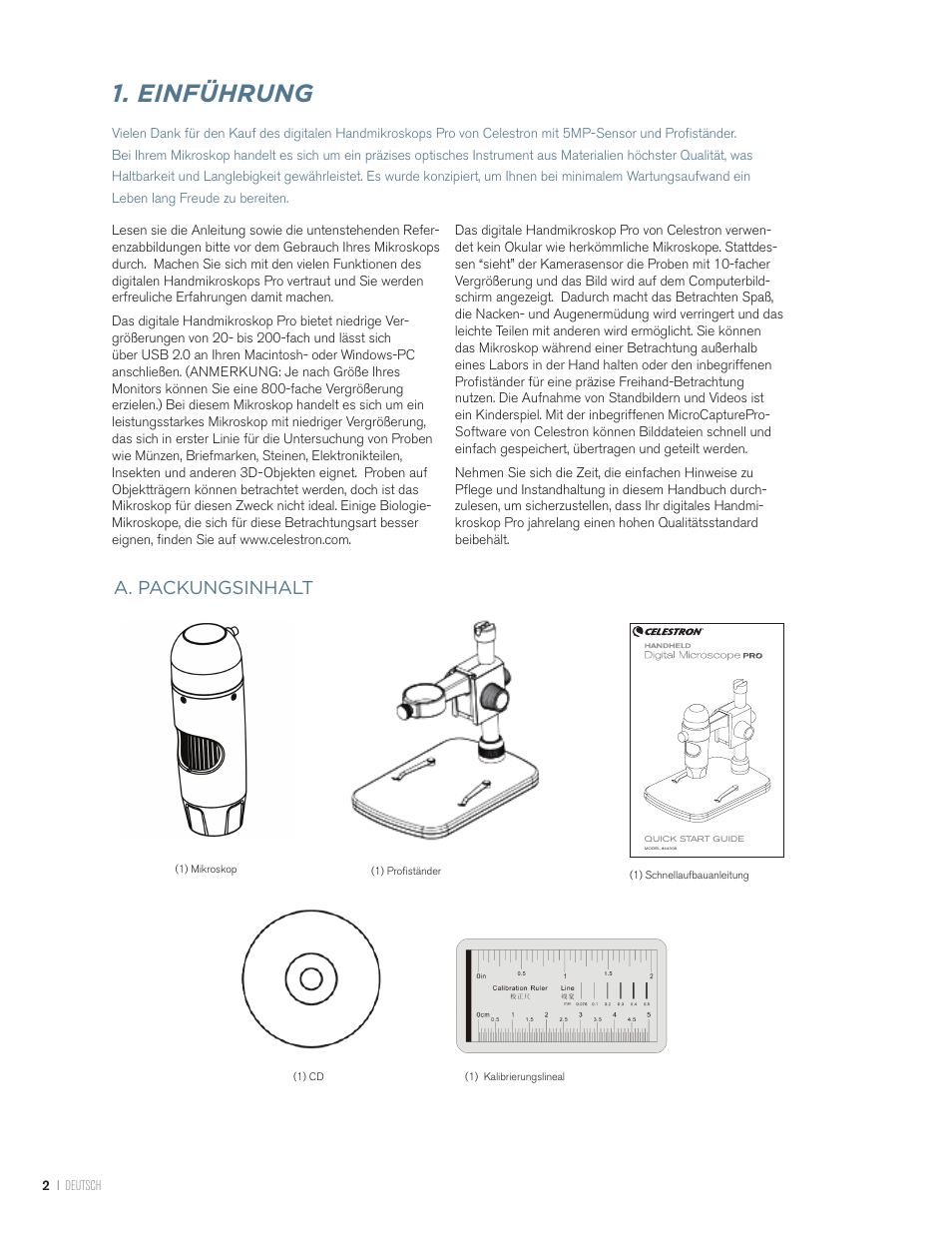 Einführung, A. packungsinhalt | Celestron Handheld Digital Microscope Pro (Gray) User Manual | Page 41 / 65