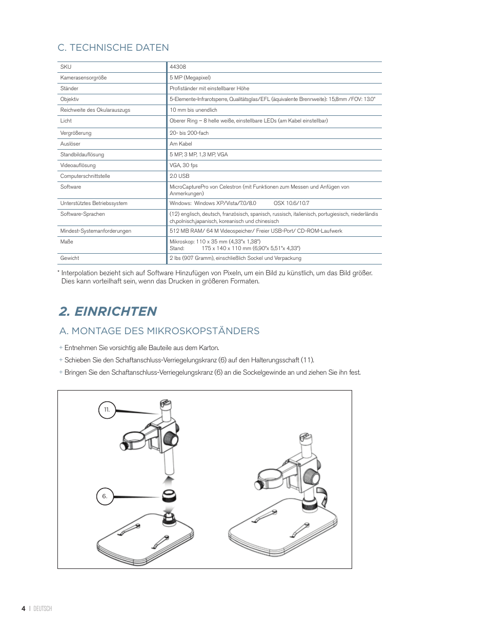 Einrichten, C. technische daten, A. montage des mikroskopständers | Celestron Handheld Digital Microscope Pro (Gray) User Manual | Page 43 / 65