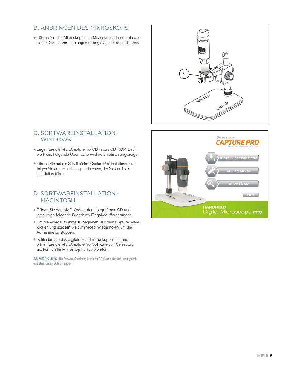 C. sortwareinstallation - windows, D. sortwareinstallation - macintosh, B. anbringen des mikroskops | Celestron Handheld Digital Microscope Pro (Gray) User Manual | Page 44 / 65